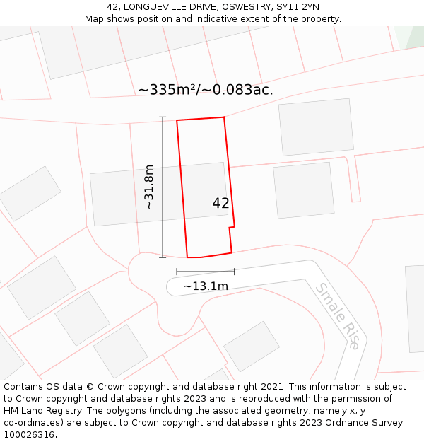 42, LONGUEVILLE DRIVE, OSWESTRY, SY11 2YN: Plot and title map