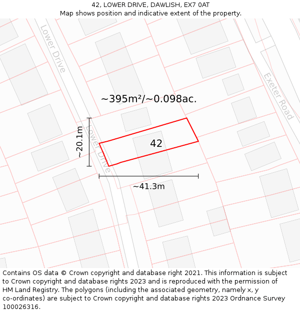 42, LOWER DRIVE, DAWLISH, EX7 0AT: Plot and title map