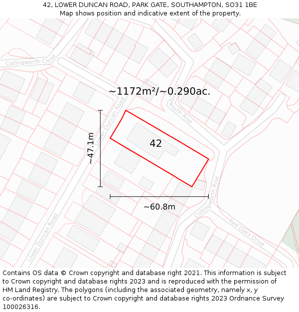 42, LOWER DUNCAN ROAD, PARK GATE, SOUTHAMPTON, SO31 1BE: Plot and title map