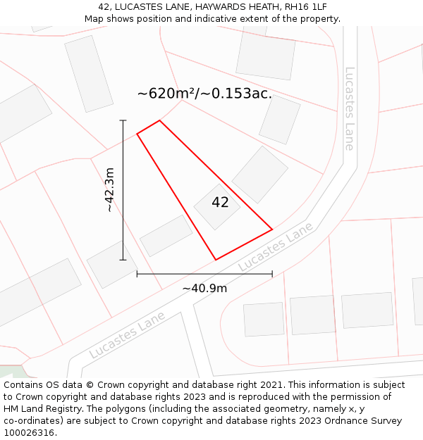 42, LUCASTES LANE, HAYWARDS HEATH, RH16 1LF: Plot and title map