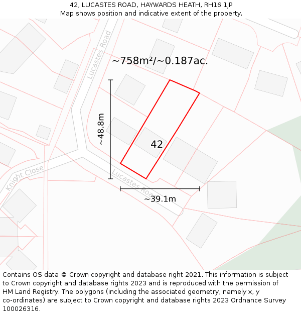 42, LUCASTES ROAD, HAYWARDS HEATH, RH16 1JP: Plot and title map