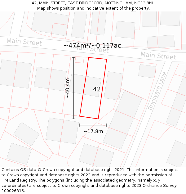 42, MAIN STREET, EAST BRIDGFORD, NOTTINGHAM, NG13 8NH: Plot and title map