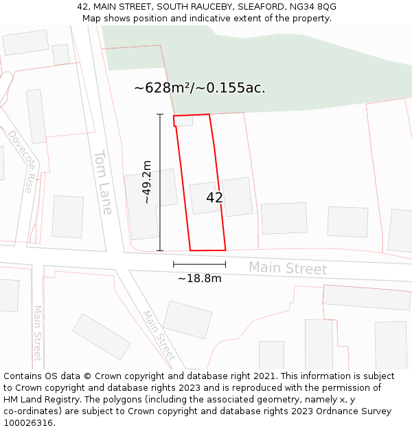 42, MAIN STREET, SOUTH RAUCEBY, SLEAFORD, NG34 8QG: Plot and title map