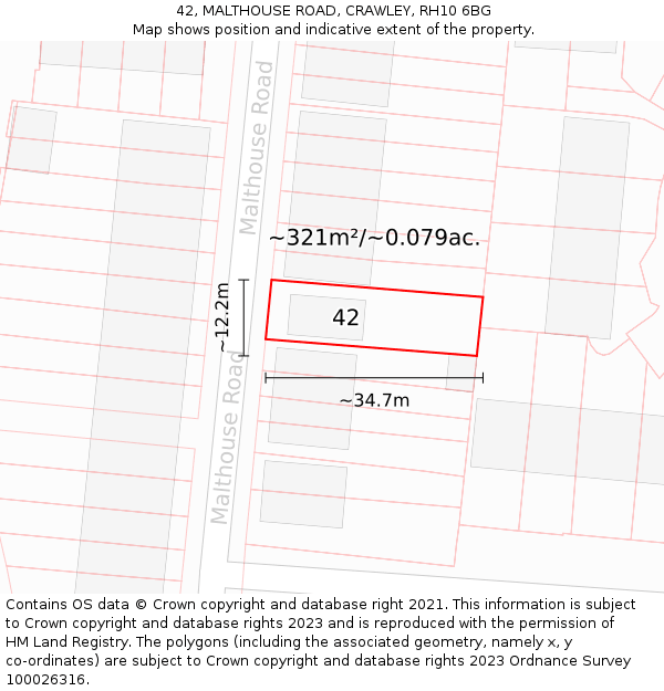 42, MALTHOUSE ROAD, CRAWLEY, RH10 6BG: Plot and title map