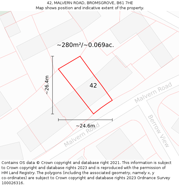 42, MALVERN ROAD, BROMSGROVE, B61 7HE: Plot and title map