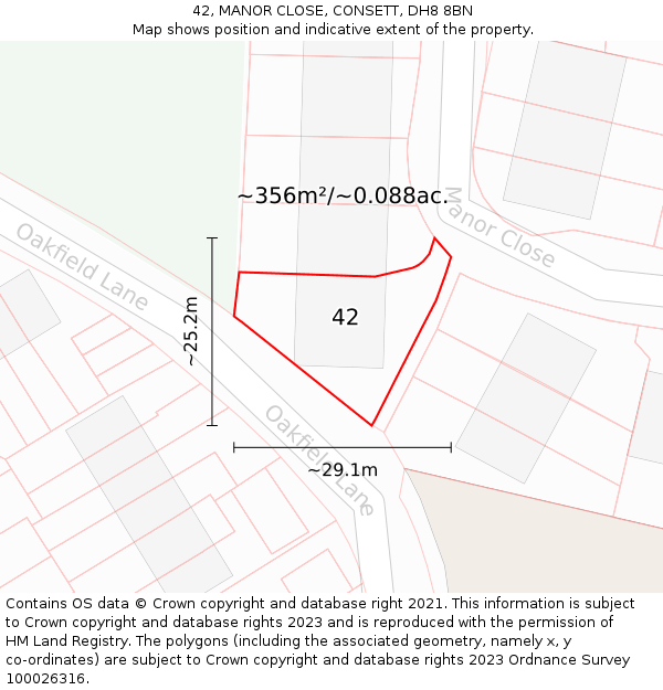 42, MANOR CLOSE, CONSETT, DH8 8BN: Plot and title map