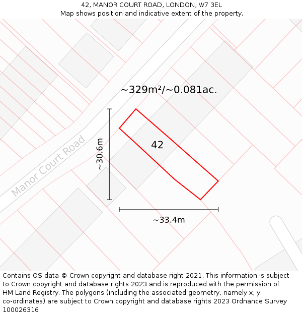 42, MANOR COURT ROAD, LONDON, W7 3EL: Plot and title map