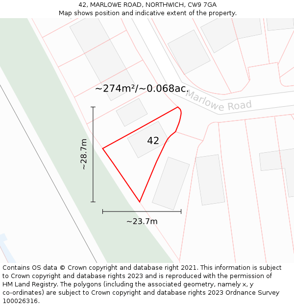 42, MARLOWE ROAD, NORTHWICH, CW9 7GA: Plot and title map