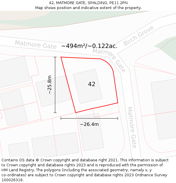 42, MATMORE GATE, SPALDING, PE11 2PN: Plot and title map