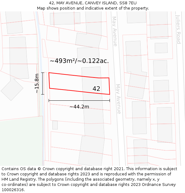 42, MAY AVENUE, CANVEY ISLAND, SS8 7EU: Plot and title map