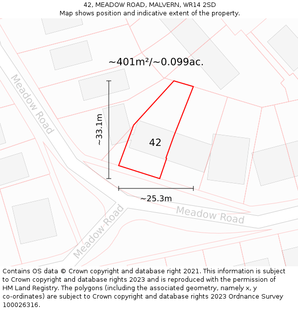 42, MEADOW ROAD, MALVERN, WR14 2SD: Plot and title map