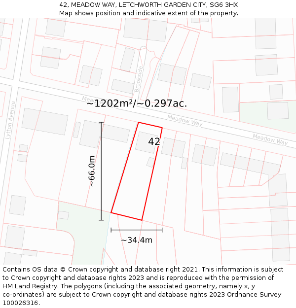 42, MEADOW WAY, LETCHWORTH GARDEN CITY, SG6 3HX: Plot and title map