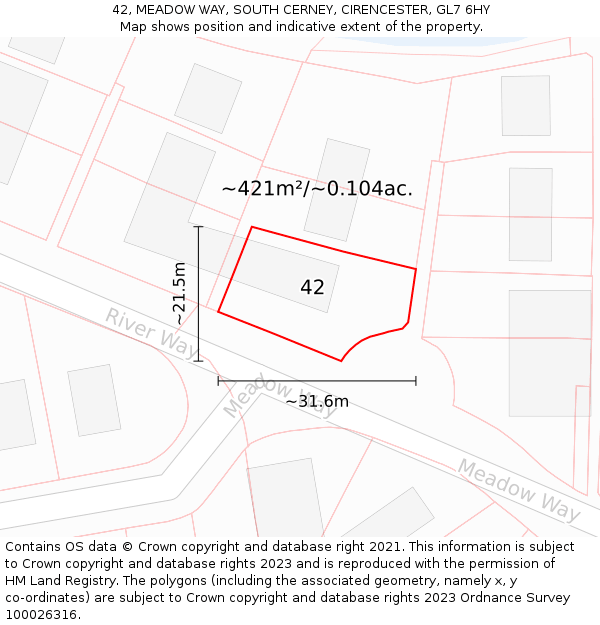 42, MEADOW WAY, SOUTH CERNEY, CIRENCESTER, GL7 6HY: Plot and title map