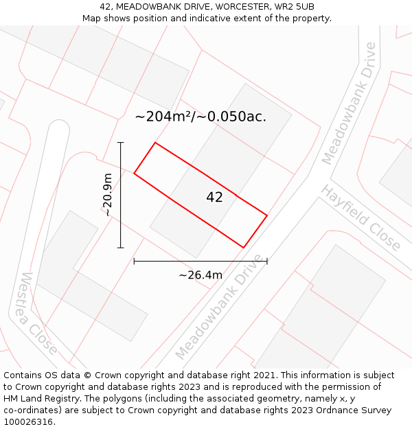 42, MEADOWBANK DRIVE, WORCESTER, WR2 5UB: Plot and title map