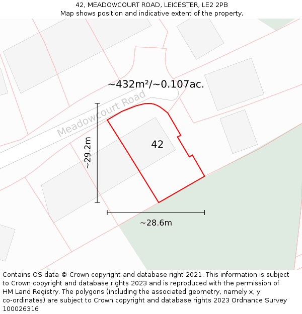 42, MEADOWCOURT ROAD, LEICESTER, LE2 2PB: Plot and title map
