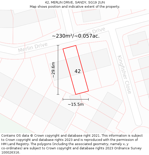 42, MERLIN DRIVE, SANDY, SG19 2UN: Plot and title map