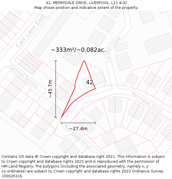 42, MERRYDALE DRIVE, LIVERPOOL, L11 4UD: Plot and title map