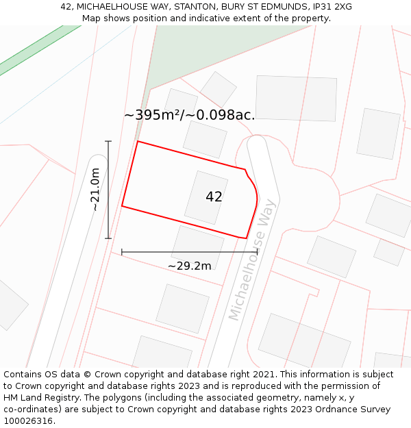 42, MICHAELHOUSE WAY, STANTON, BURY ST EDMUNDS, IP31 2XG: Plot and title map