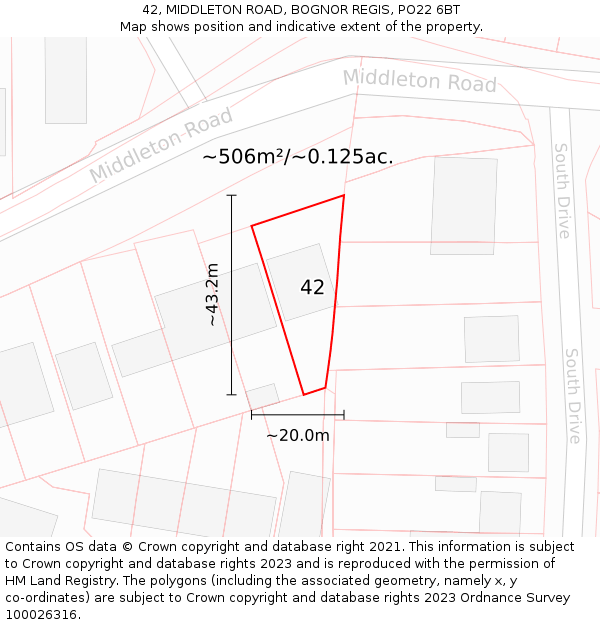 42, MIDDLETON ROAD, BOGNOR REGIS, PO22 6BT: Plot and title map