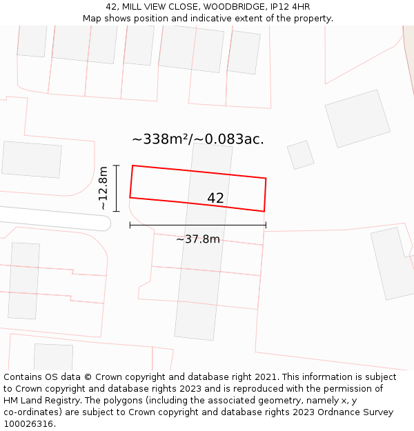 42, MILL VIEW CLOSE, WOODBRIDGE, IP12 4HR: Plot and title map