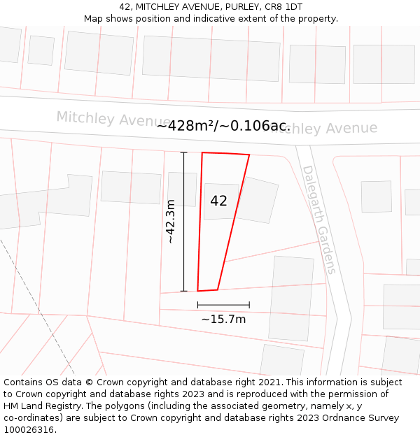 42, MITCHLEY AVENUE, PURLEY, CR8 1DT: Plot and title map