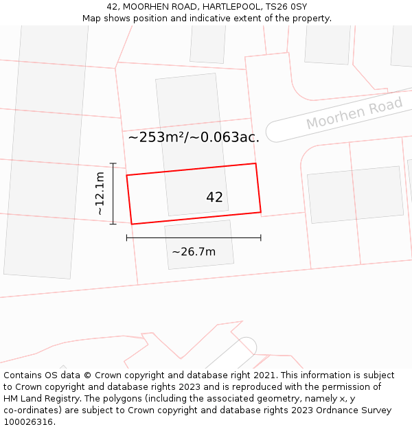 42, MOORHEN ROAD, HARTLEPOOL, TS26 0SY: Plot and title map