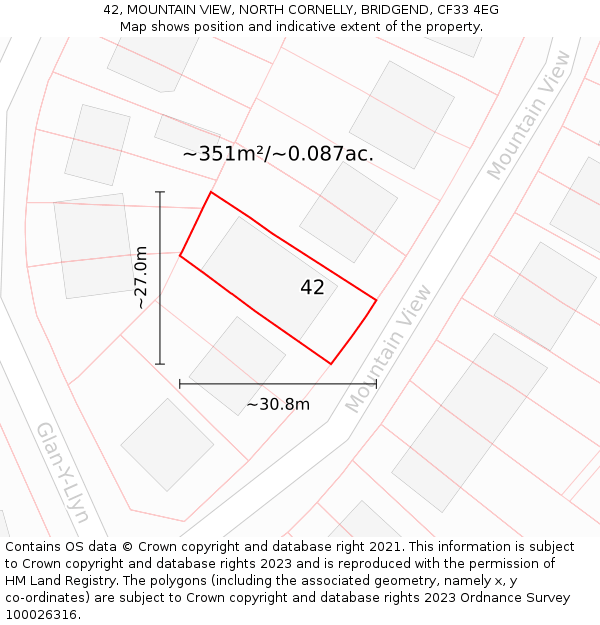 42, MOUNTAIN VIEW, NORTH CORNELLY, BRIDGEND, CF33 4EG: Plot and title map