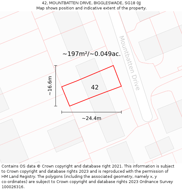 42, MOUNTBATTEN DRIVE, BIGGLESWADE, SG18 0JJ: Plot and title map