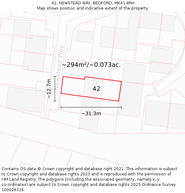 42, NEWSTEAD WAY, BEDFORD, MK41 8RH: Plot and title map