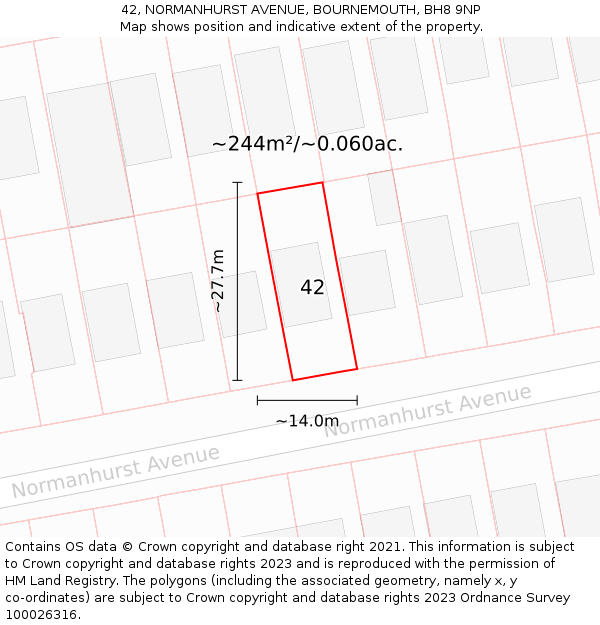 42, NORMANHURST AVENUE, BOURNEMOUTH, BH8 9NP: Plot and title map