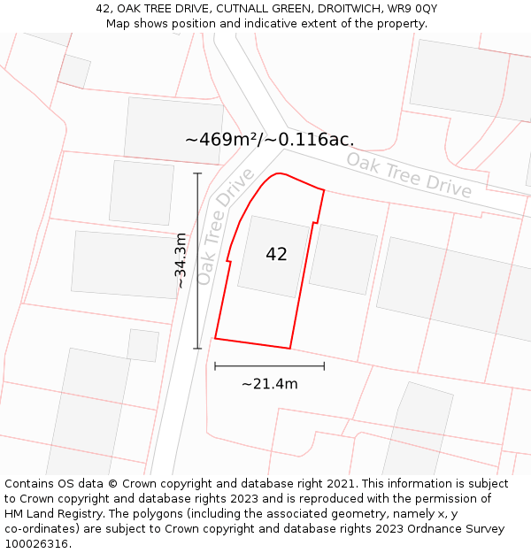 42, OAK TREE DRIVE, CUTNALL GREEN, DROITWICH, WR9 0QY: Plot and title map