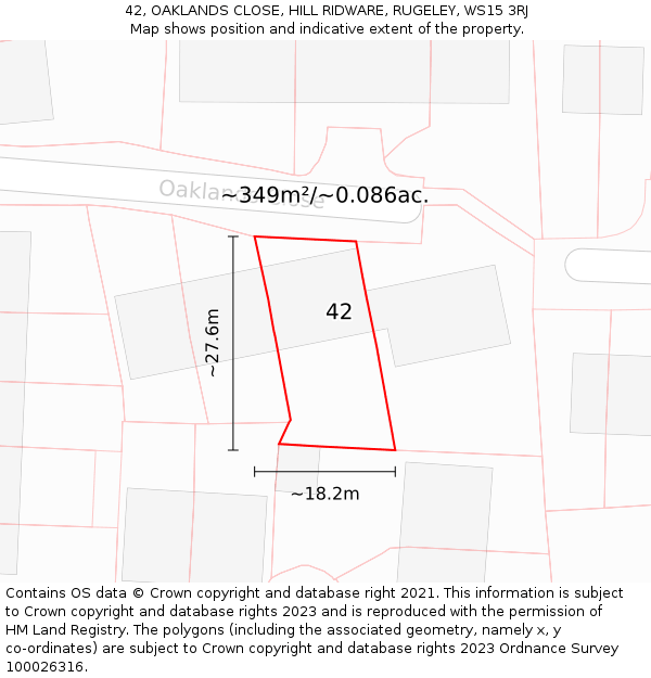 42, OAKLANDS CLOSE, HILL RIDWARE, RUGELEY, WS15 3RJ: Plot and title map