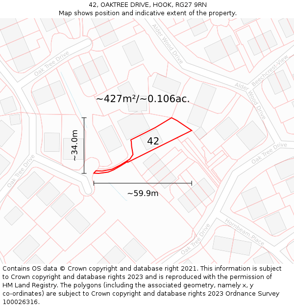 42, OAKTREE DRIVE, HOOK, RG27 9RN: Plot and title map