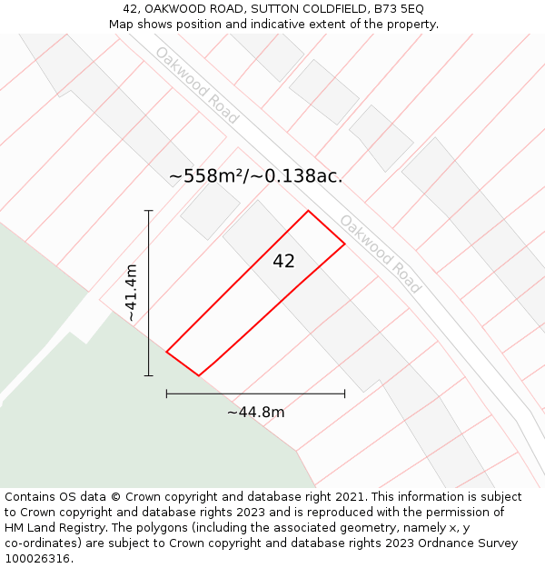 42, OAKWOOD ROAD, SUTTON COLDFIELD, B73 5EQ: Plot and title map