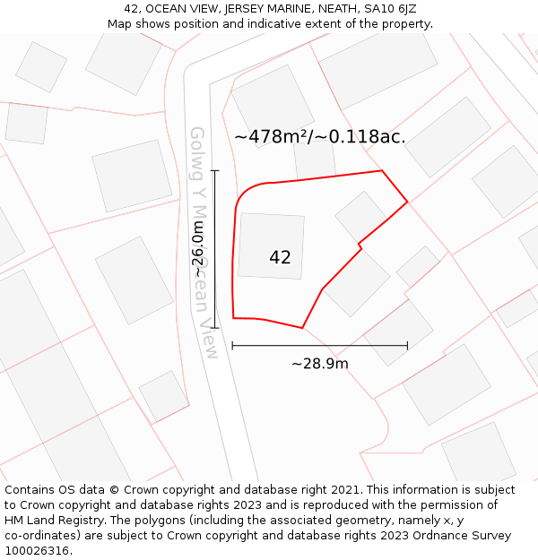 42, OCEAN VIEW, JERSEY MARINE, NEATH, SA10 6JZ: Plot and title map