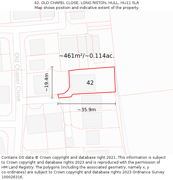 42, OLD CHAPEL CLOSE, LONG RISTON, HULL, HU11 5LA: Plot and title map