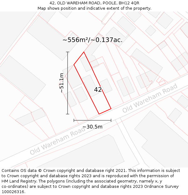 42, OLD WAREHAM ROAD, POOLE, BH12 4QR: Plot and title map
