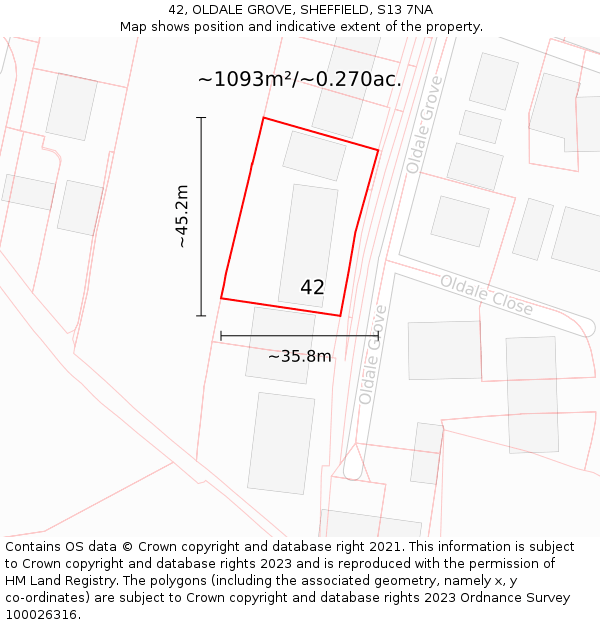 42, OLDALE GROVE, SHEFFIELD, S13 7NA: Plot and title map