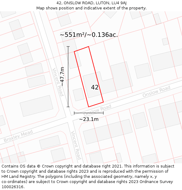 42, ONSLOW ROAD, LUTON, LU4 9AJ: Plot and title map