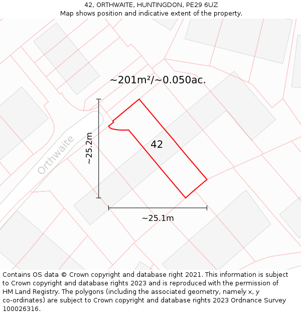 42, ORTHWAITE, HUNTINGDON, PE29 6UZ: Plot and title map