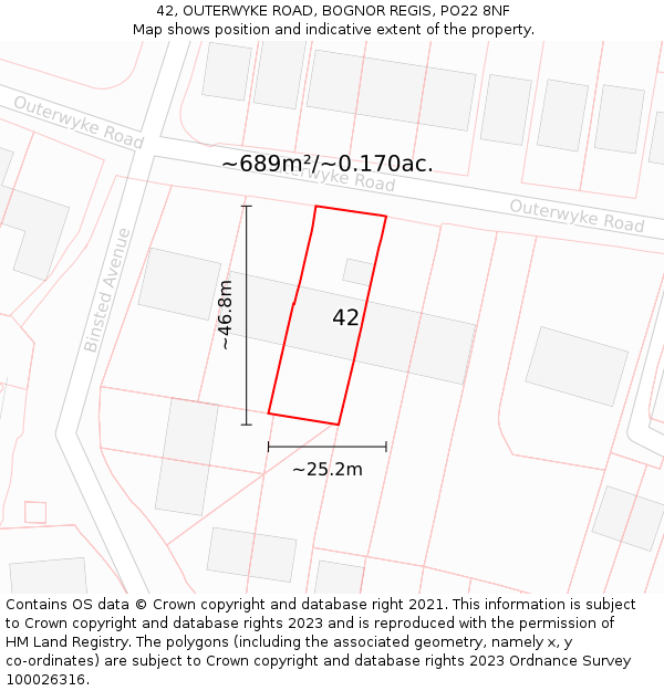 42, OUTERWYKE ROAD, BOGNOR REGIS, PO22 8NF: Plot and title map