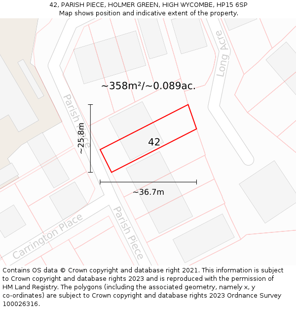 42, PARISH PIECE, HOLMER GREEN, HIGH WYCOMBE, HP15 6SP: Plot and title map