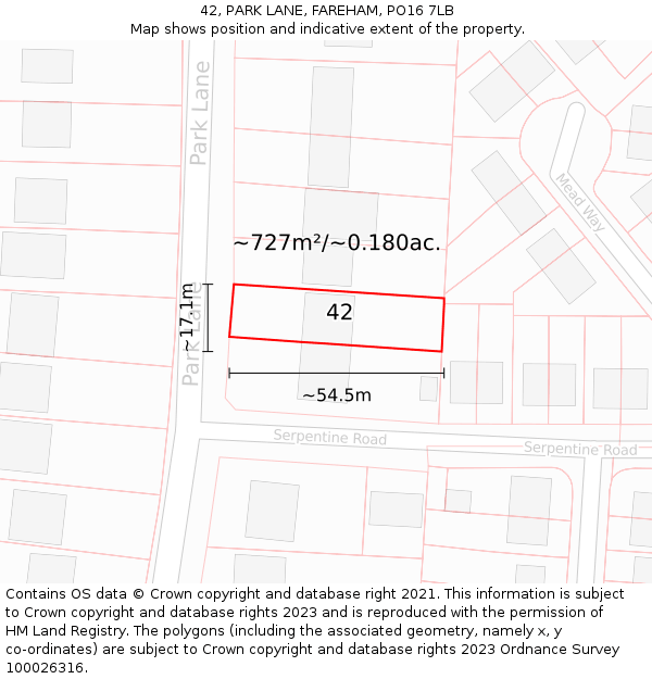 42, PARK LANE, FAREHAM, PO16 7LB: Plot and title map