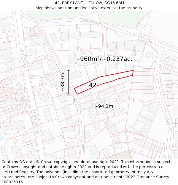 42, PARK LANE, HENLOW, SG16 6AU: Plot and title map