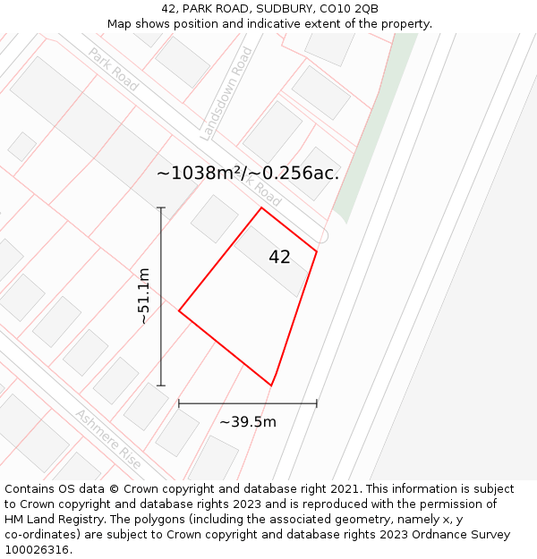 42, PARK ROAD, SUDBURY, CO10 2QB: Plot and title map