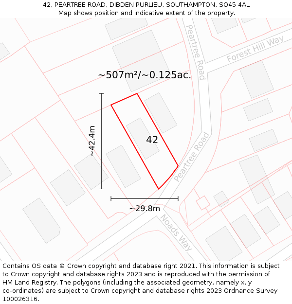 42, PEARTREE ROAD, DIBDEN PURLIEU, SOUTHAMPTON, SO45 4AL: Plot and title map