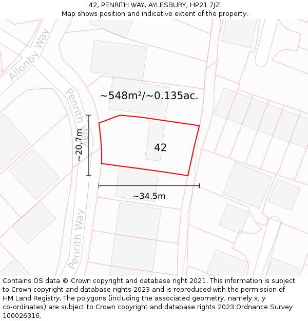 42, PENRITH WAY, AYLESBURY, HP21 7JZ: Plot and title map