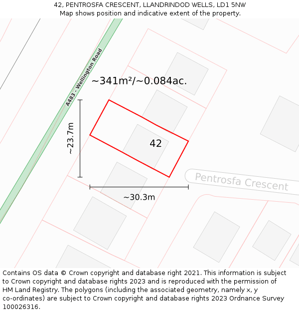 42, PENTROSFA CRESCENT, LLANDRINDOD WELLS, LD1 5NW: Plot and title map