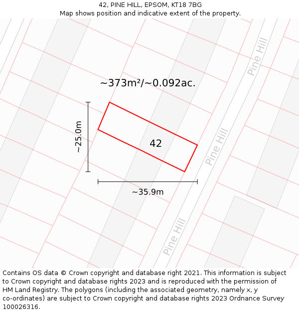 42, PINE HILL, EPSOM, KT18 7BG: Plot and title map