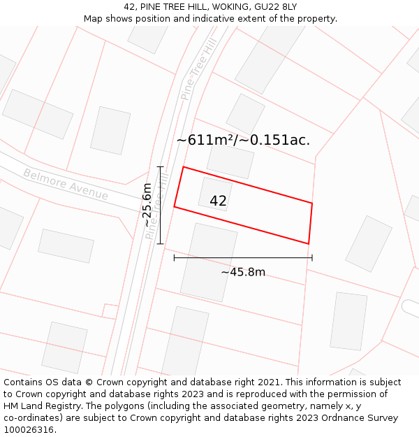 42, PINE TREE HILL, WOKING, GU22 8LY: Plot and title map